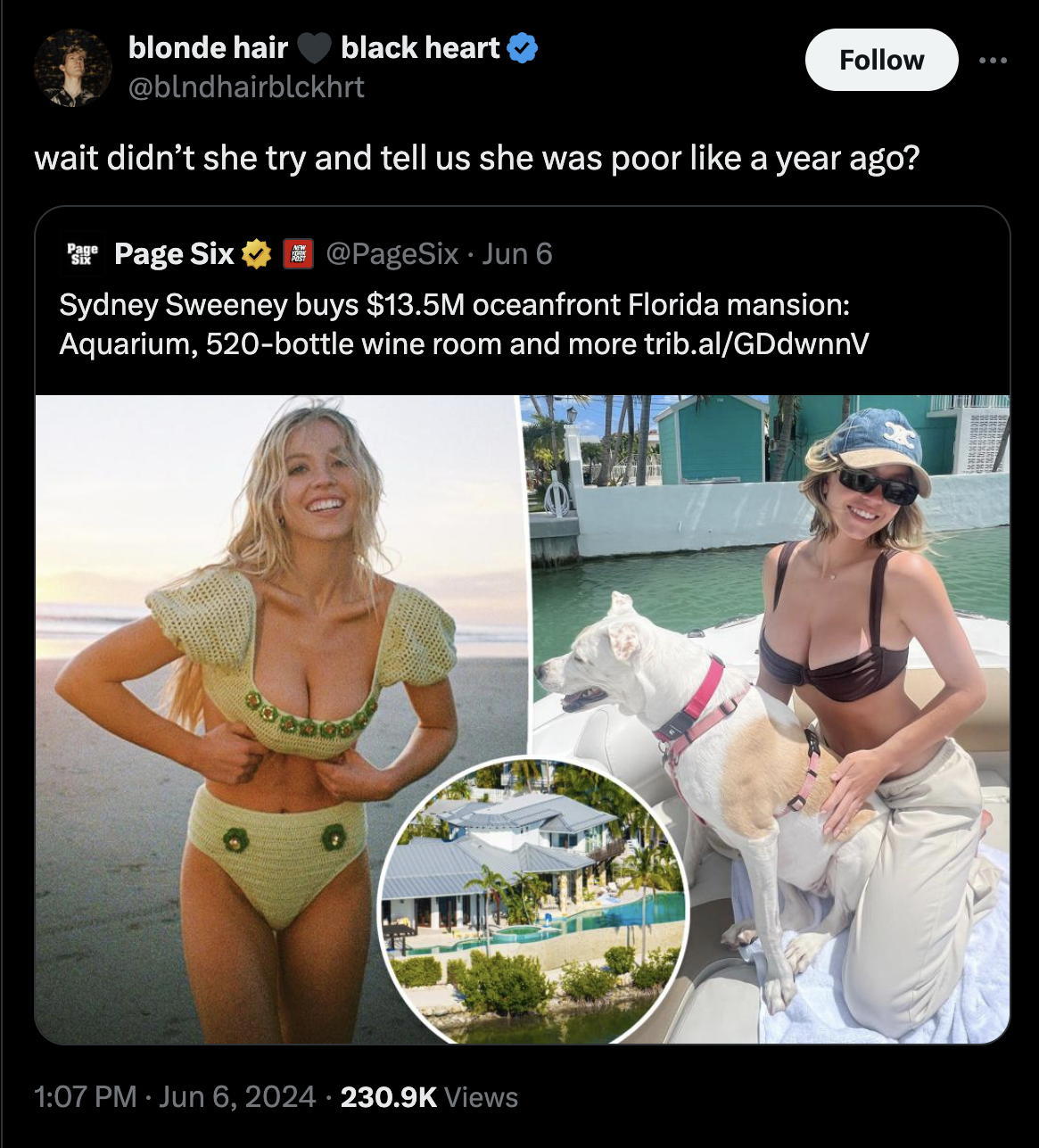 swimsuit top - blonde hair black heart wait didn't she try and tell us she was poor a year ago? Page Six Jun 6 Sydney Sweeney buys $13.5M oceanfront Florida mansion Aquarium, 520bottle wine room and more trib.alGDdwnnV Views